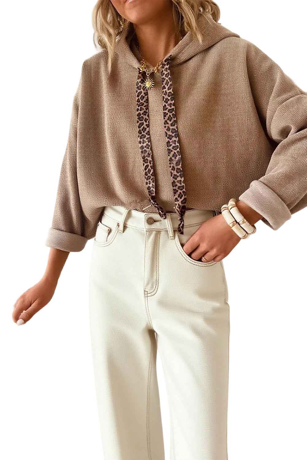 Parchment Thermal Textured Leopard Drawstring Baggy Hoodie 77ed7477b2dc9d9a