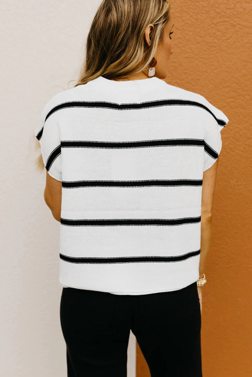White Striped Center Seamed Short Sleeve Sweater 77f0d4a202452ae2