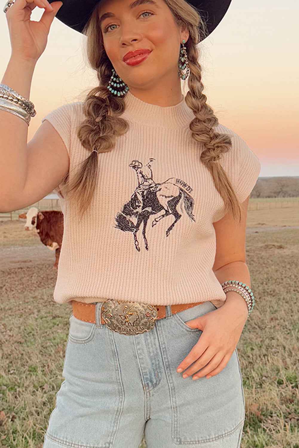 Oatmeal Cowboy Graphic High Neck Short Sleeve Knit Top 77f9be5271a2ef63
