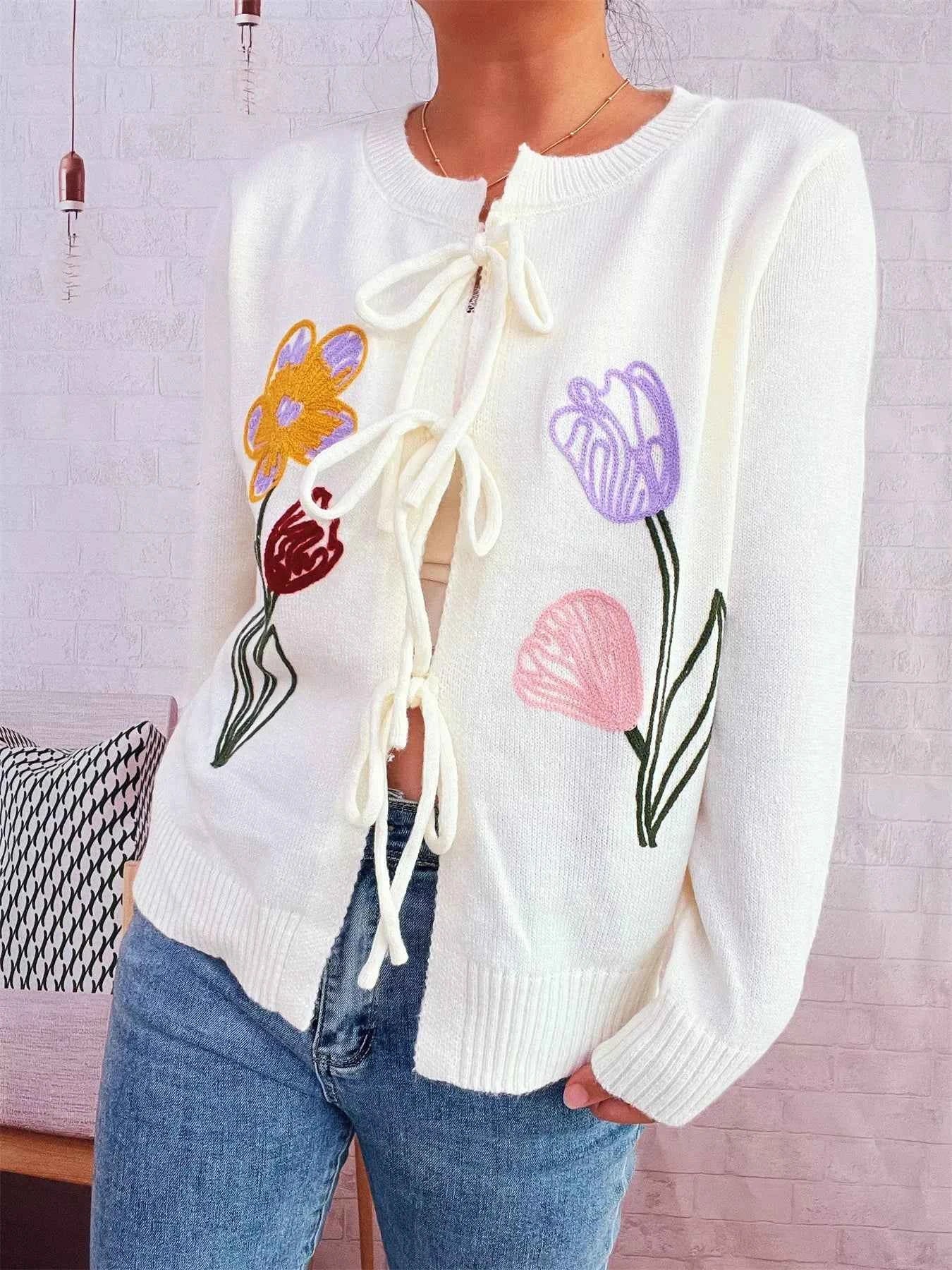 Floral Ribbed Hem Tie Front Cardigan 77fb201f36184c24ae0c555ca7969407-Max-Origin