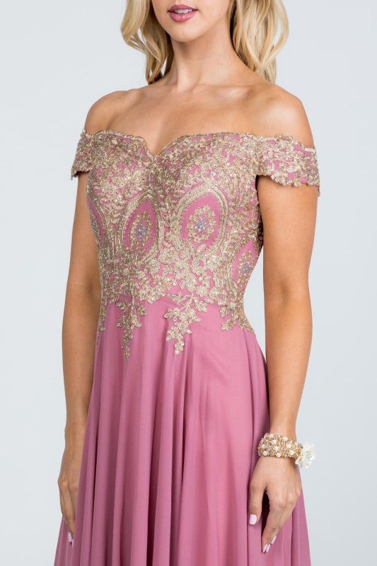 Off Shoulder Evening Gown – Gold Lace Appliqué Chiffon Dress for Women 77fb9b5f-00fb-4cbc-934e-1243bf613948