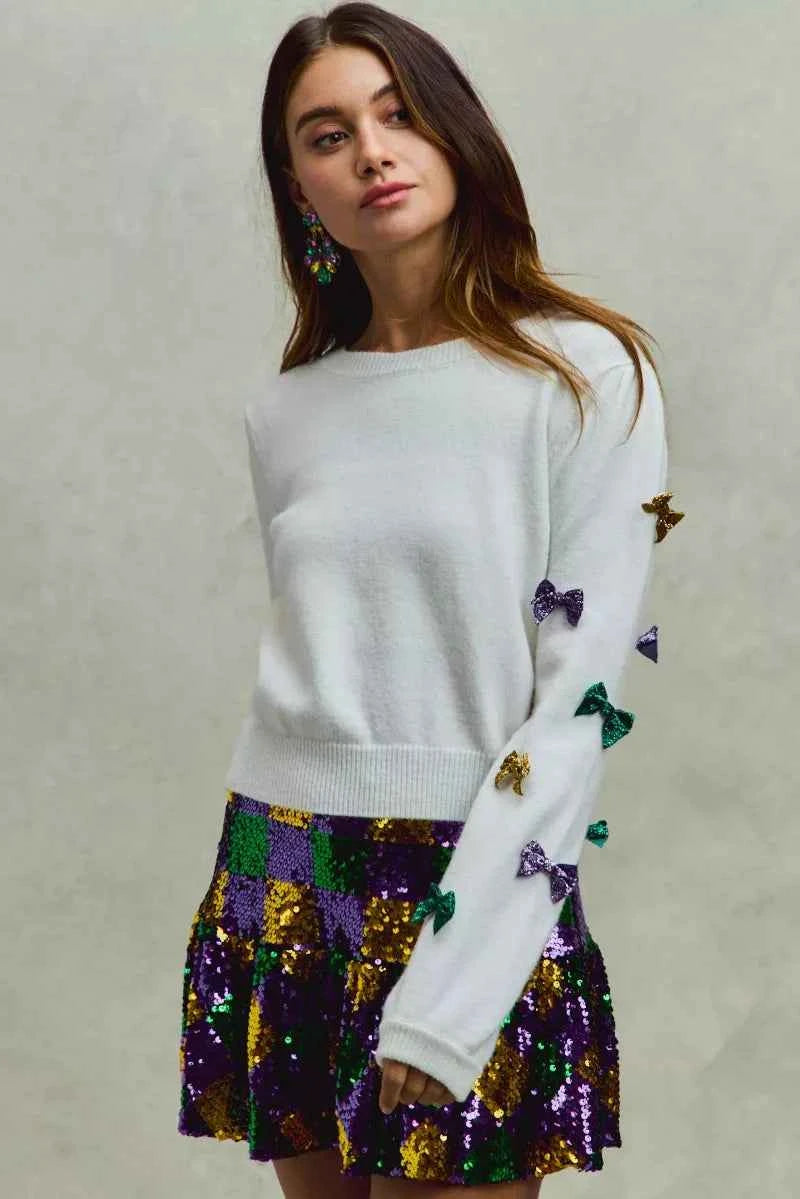 SO ME Mardi Gras Glitter Bow Ribbon Sweater Knit Top 77fc006014fb4eed969c080d9506b5b1-Max-Origin