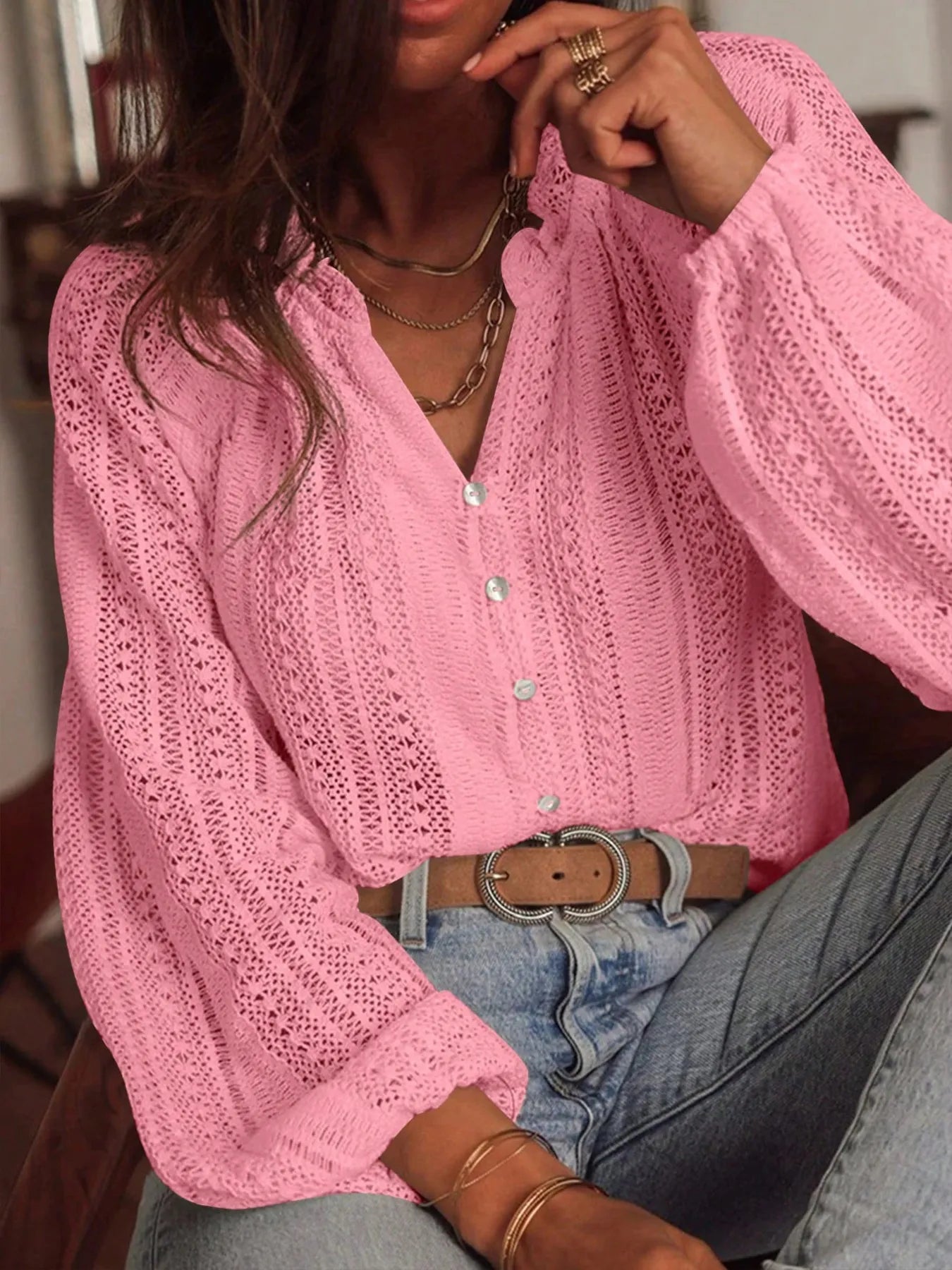 Crochet Notched Button-Front Shirt Pink 77ff5c5b15c148f99ae9f3a5b9798380-Max-Origin