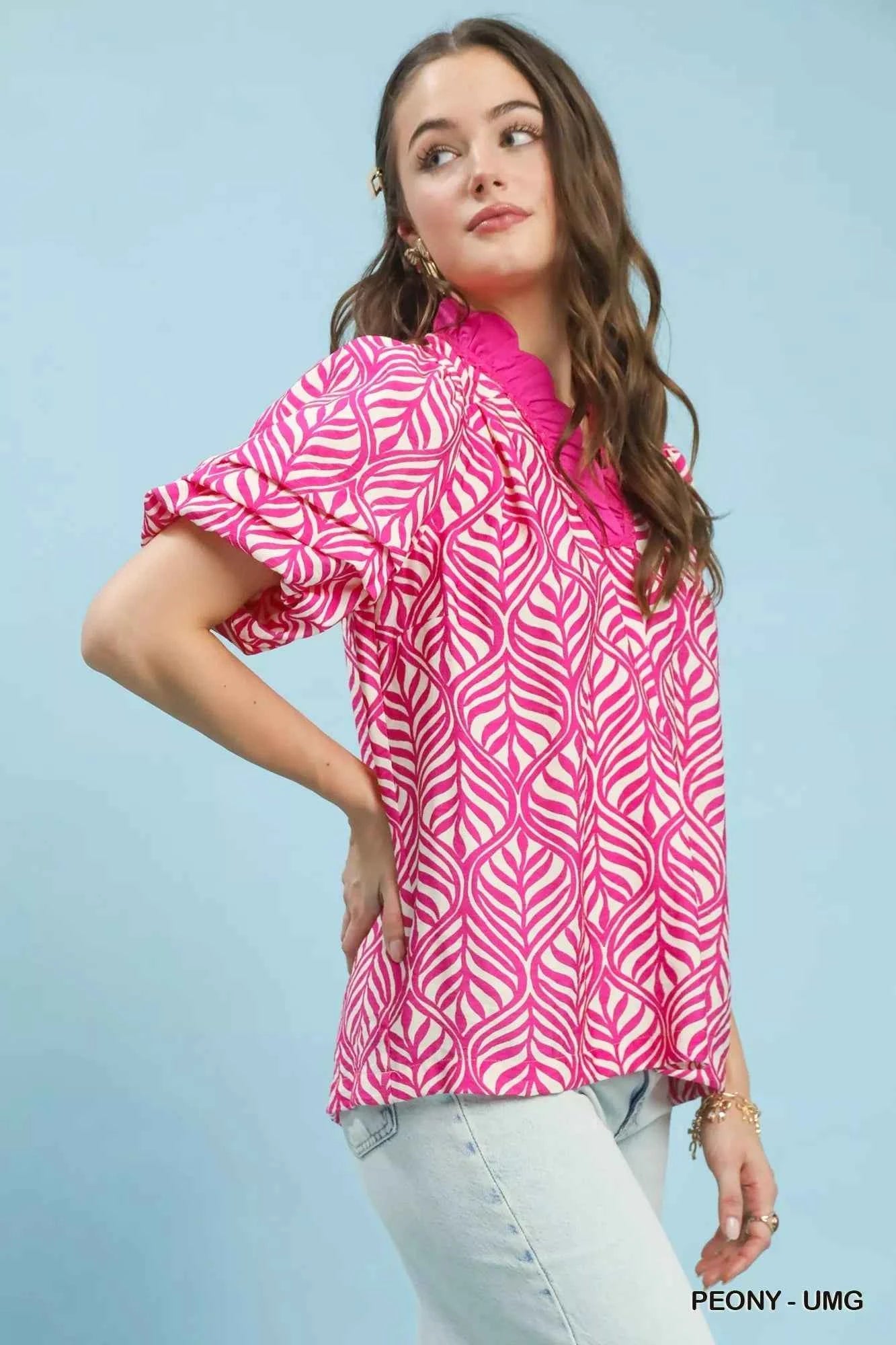 Umgee Printed Puff Sleeve Ruffle Neck Top 7802c58e-c01b-44f1-add7-d5c47192f9bb-Max-Origin