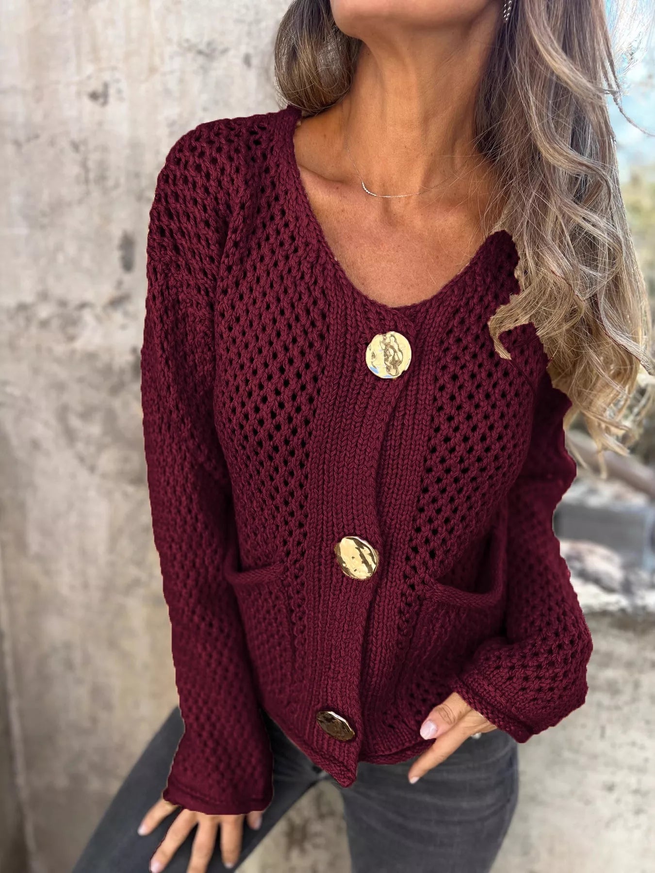 Crochet Button Up Long Sleeve Cardigan Deep Red 7805371177f74bb0a670a5c4ea5000c4-Max-Origin