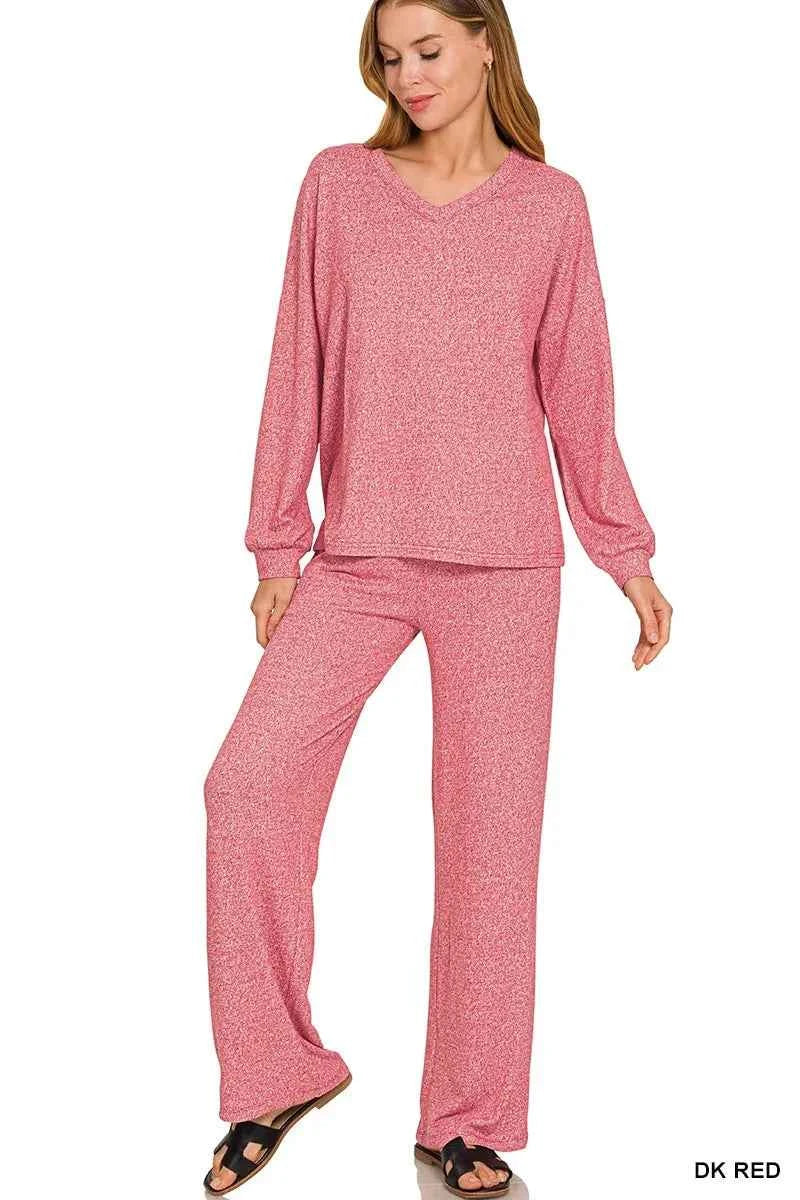 Zenana Soft Melange Long Sleeve Tee & Pants Set DK RED 780742e543b5480198be0e9556bb506d-Max-Origin