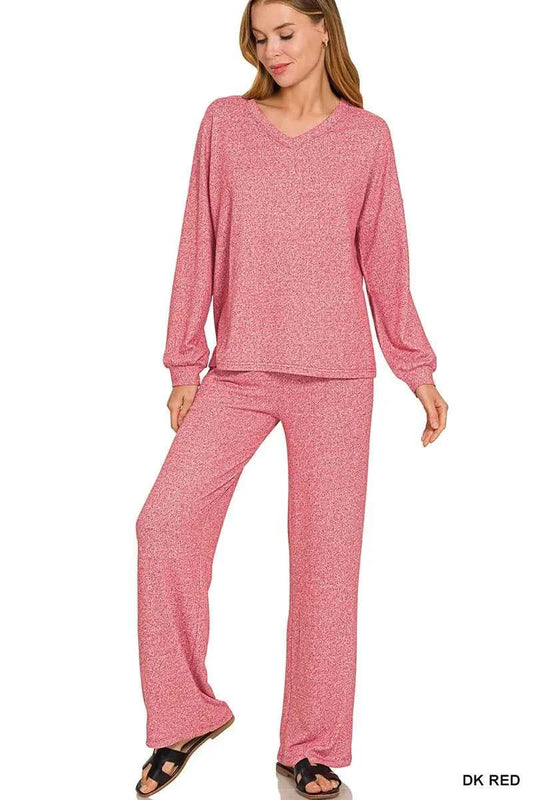 Zenana Soft Melange Long Sleeve Tee & Pants Set DK RED 780742e543b5480198be0e9556bb506d-Max-Origin