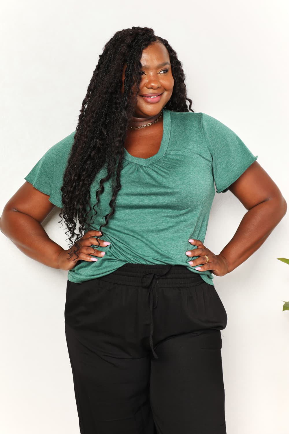 Double Take Ruched V-Neck Short Sleeve T-Shirt Green 7809d80cd9194f5388cb1ee57a6381fd-Max