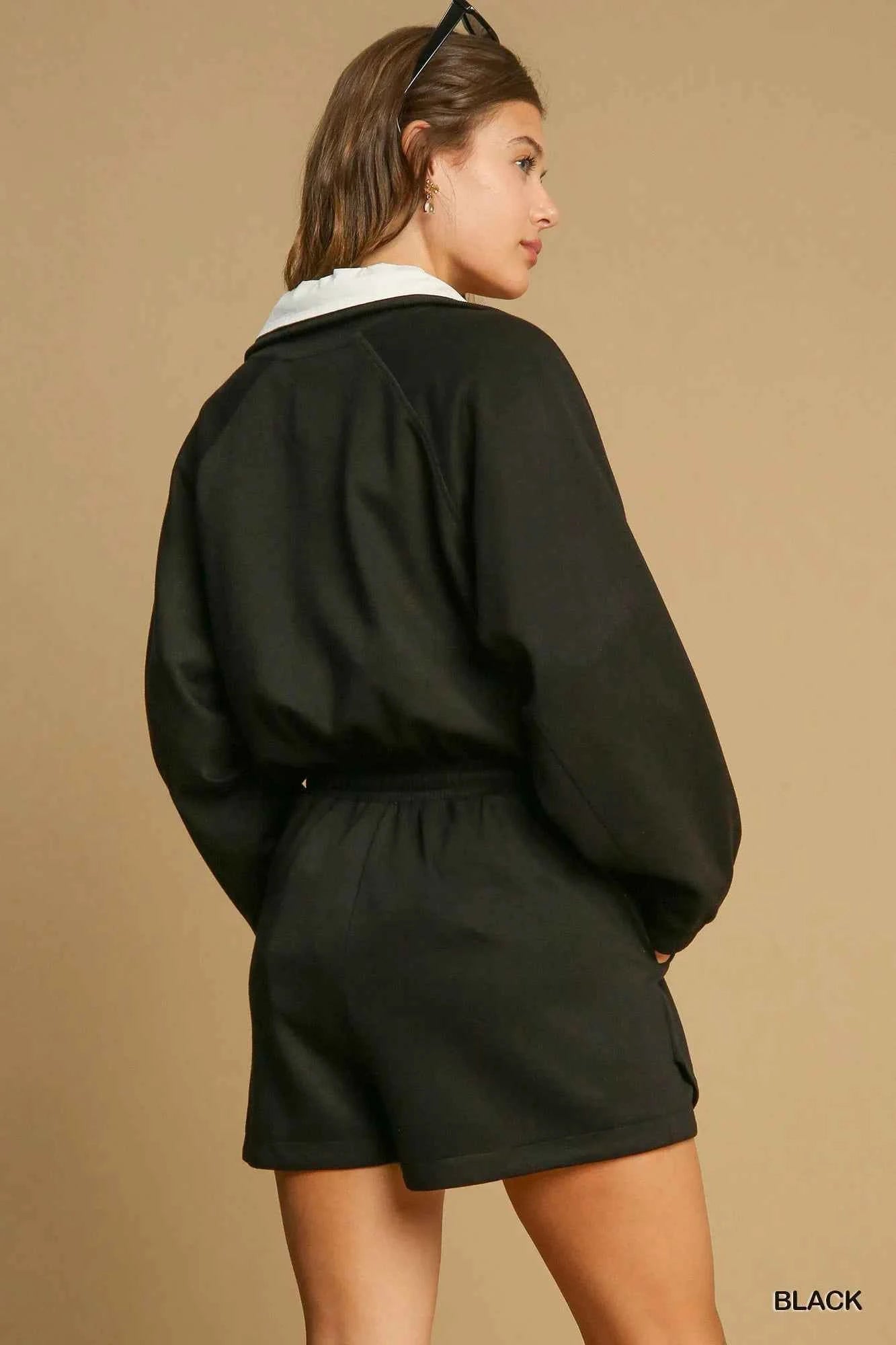 Umgee Half Zip Romper with Drawstring Waist 780a1047-0117-4022-8af9-892134904e28-Max-Origin
