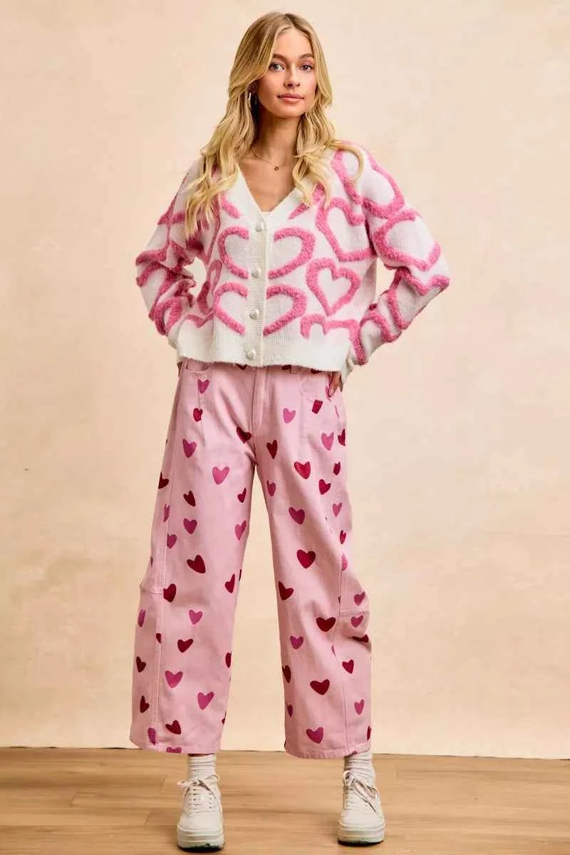 BiBi Textured Heart Buttoned V Neck Cardigan 780e21621e104a1e901d2b8208e34825-Max-Origin