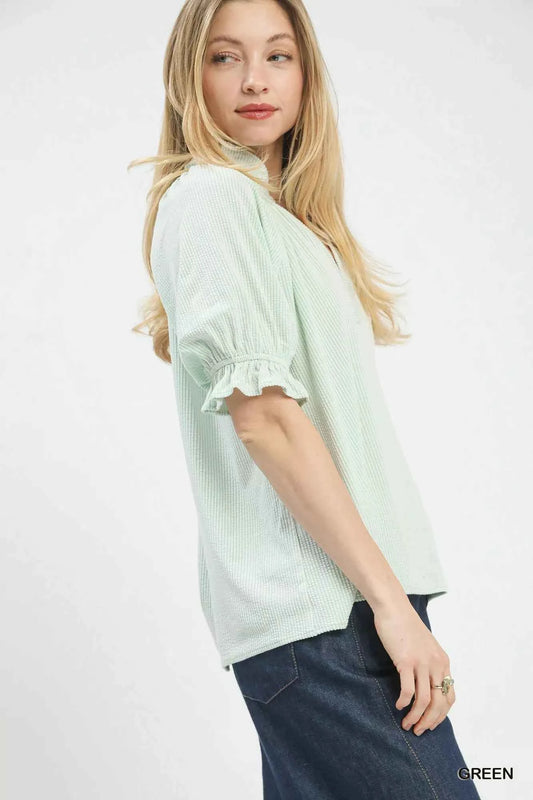 Umgee Textured Ruffle Sleeve V-Neck Top 7818e731-1f63-4fa8-86ee-b40afb4d337b-Max-Origin