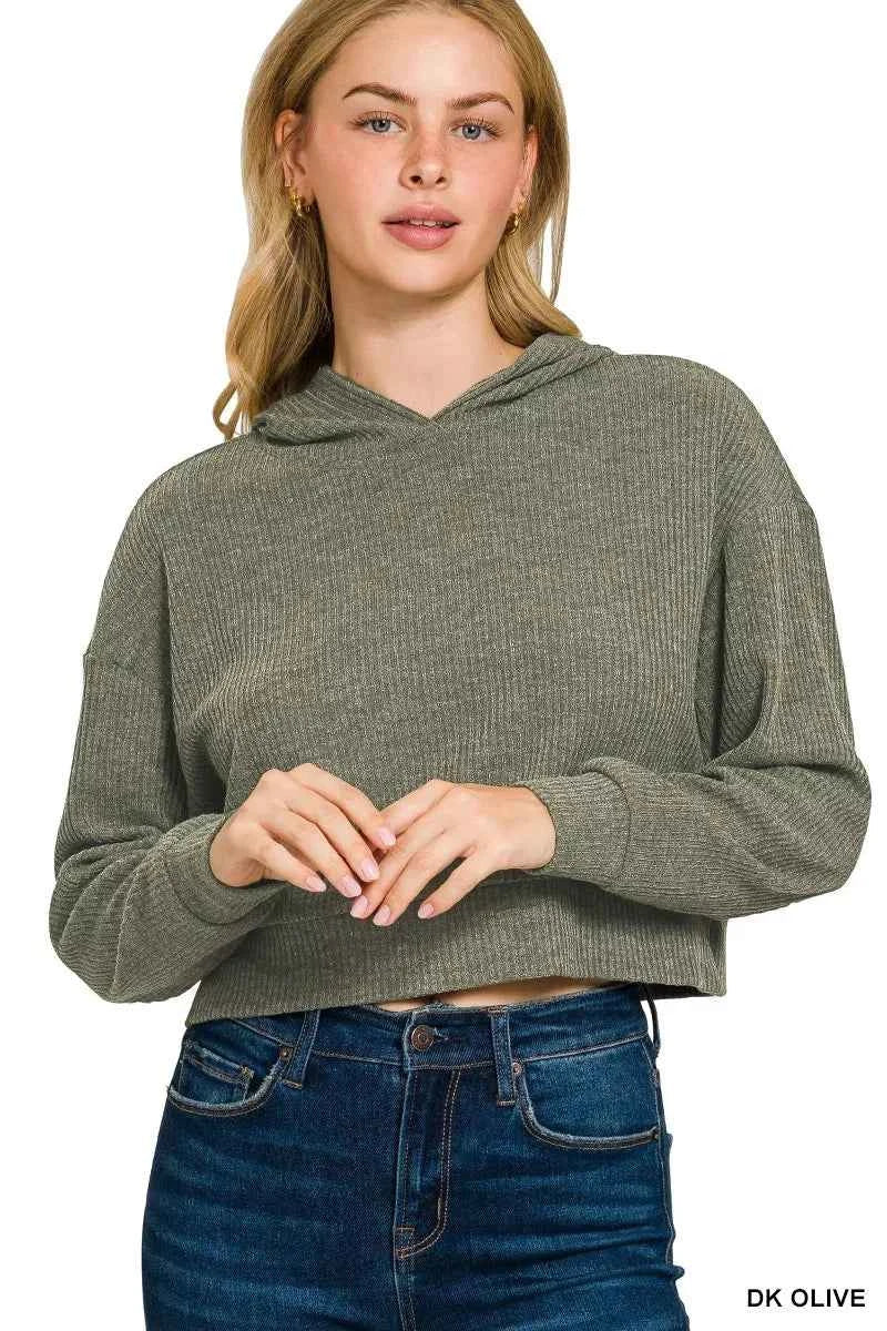 Zenana Drop Shoulder Ribbed Crop Hoodie DK OLIVE 7820de2a9163403bba49e9c750adc89b-Max-Origin