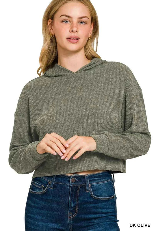 Zenana Drop Shoulder Ribbed Crop Hoodie DK OLIVE 7820de2a9163403bba49e9c750adc89b-Max-Origin