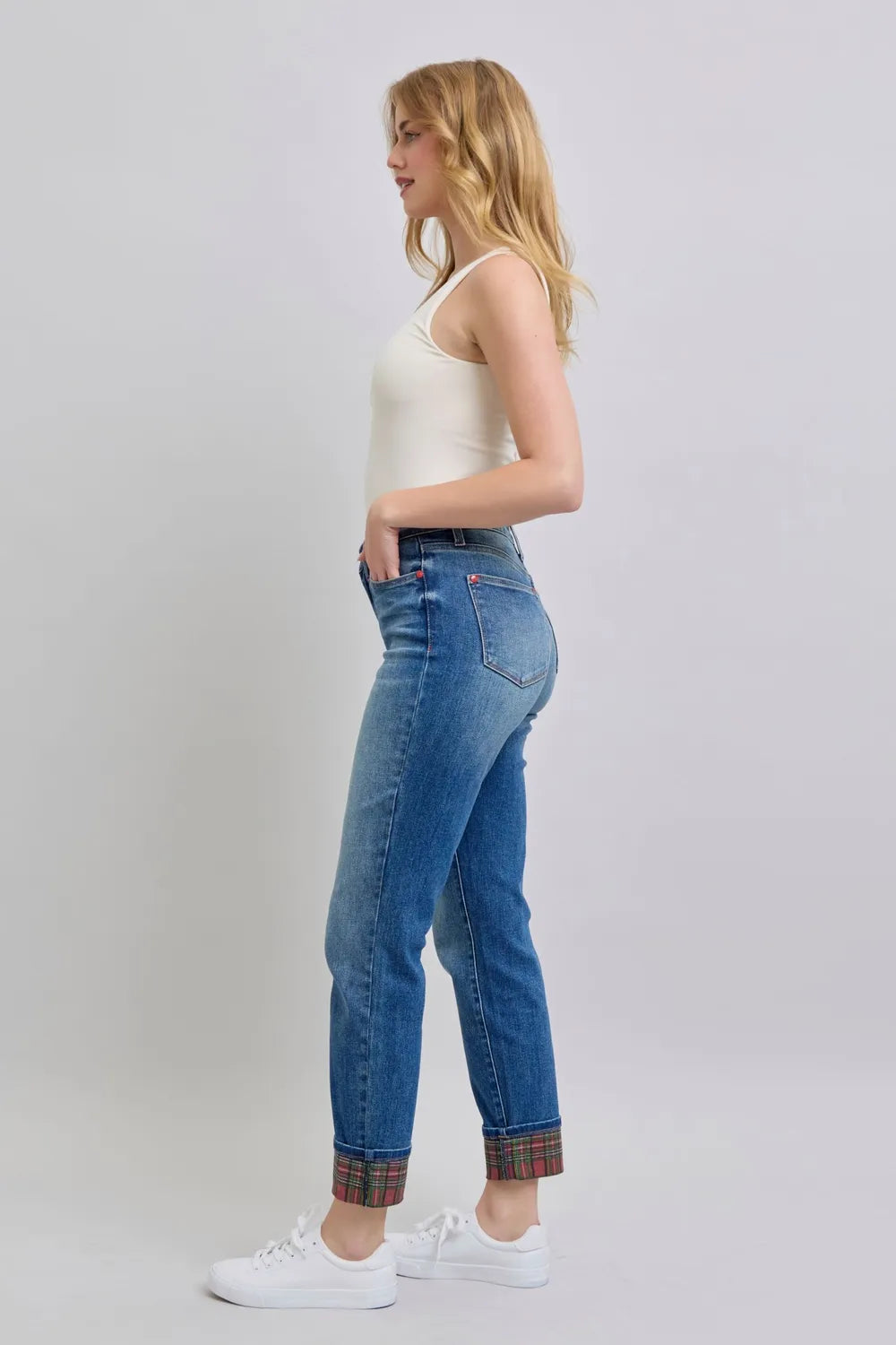 Judy Blue Full Size Plaid Print Cuff Straight Leg Jeans with Pockets 7821d750-41f8-4944-8031-7b801ec5919c-Max
