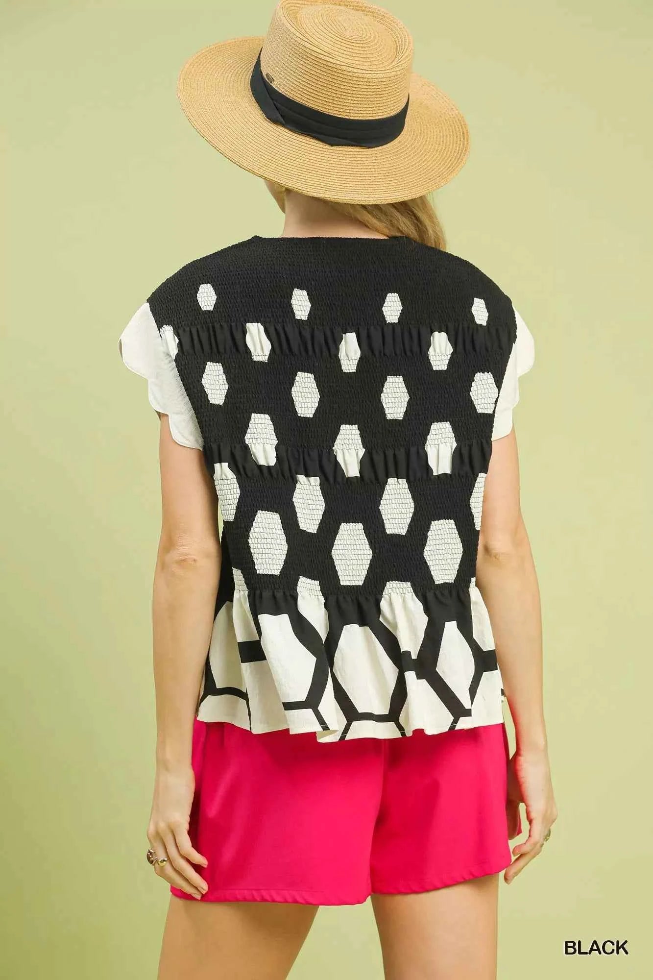 Umgee Hexagon Print Peplum Top 78238aed-07b6-4802-8a5e-0186f6d5a6ab-Max-Origin