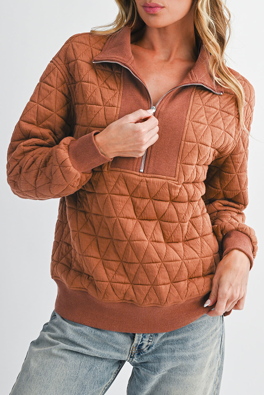 Straw Yellow Textured Zipper Neck Long Sleeve Pullover Sweatshirt Straw Yellow 95%Polyester+5%Elastane 78259b919cc28c32