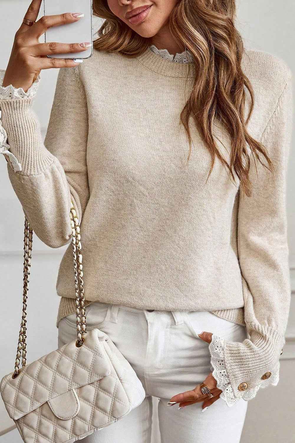 Racing Red Lace Trim Patchwork Buttoned Cuffs Loose Sweater 782d7103278026a7