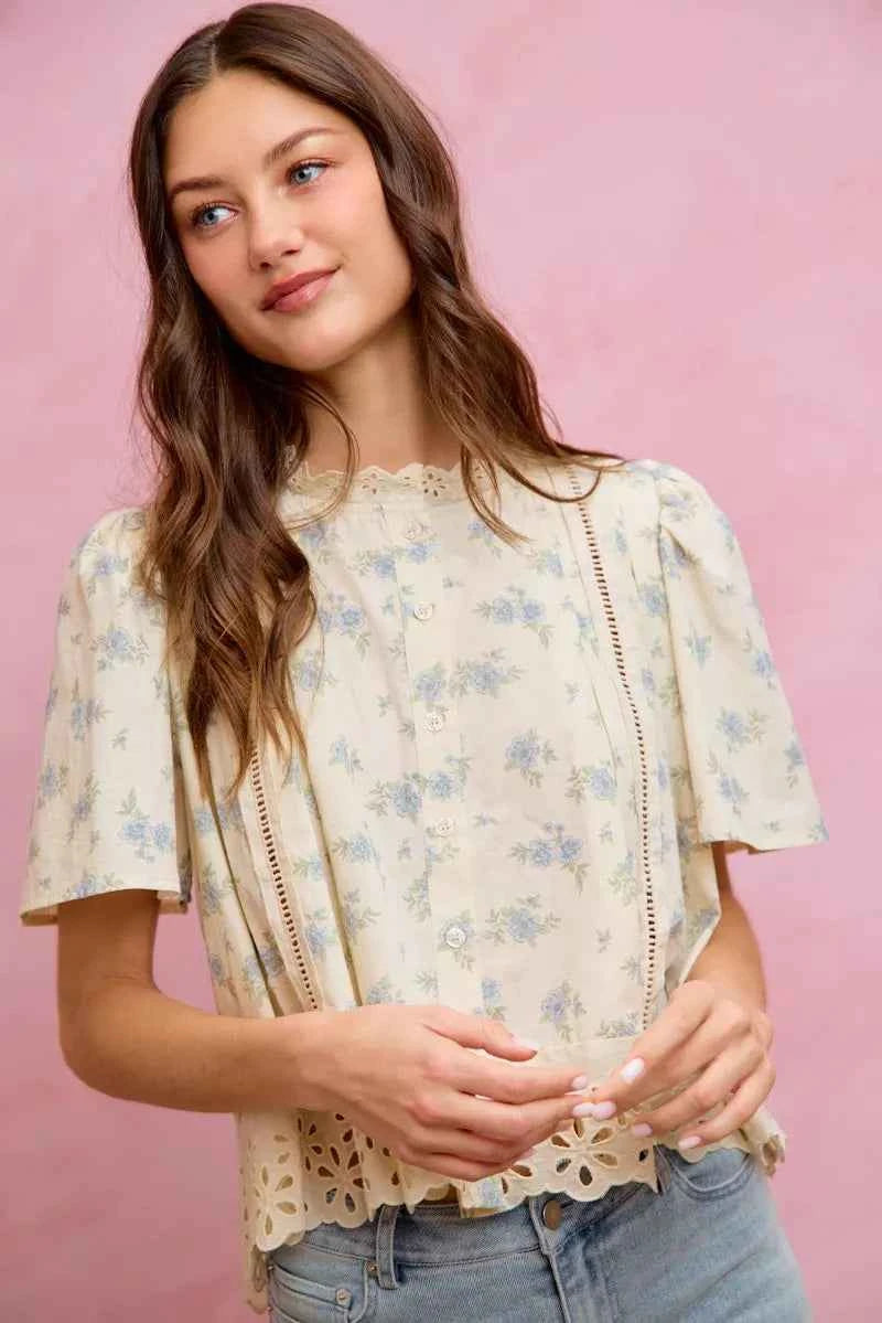 SO ME Floral Print Lace Trim Flutter Sleeves Blouse BLUE 782fca82-ef77-4f5f-9170-92cf431997f8-Max-Origin