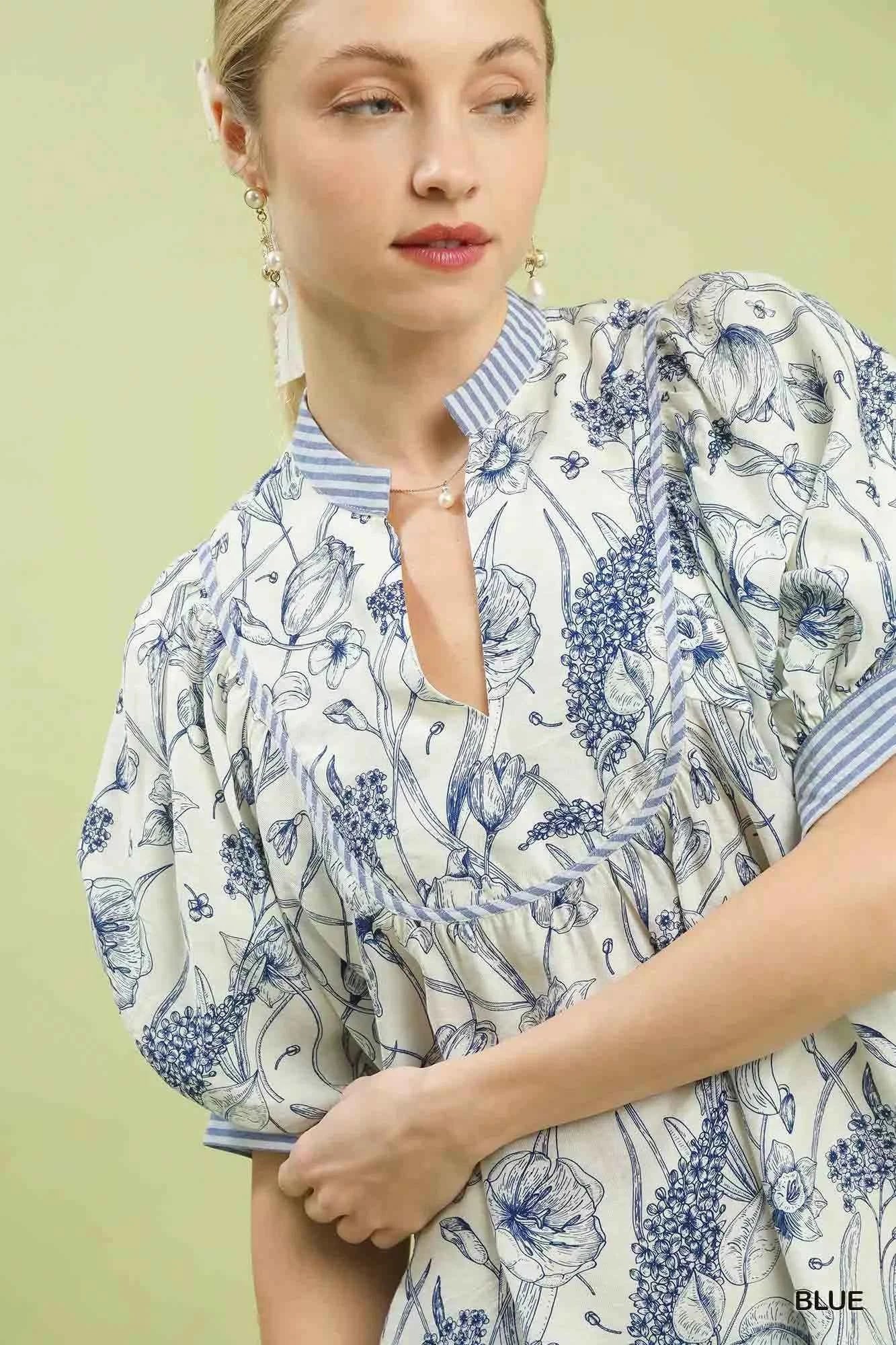 Mixed Print Puff Sleeve Split Neck Top 783b2f70-5a60-4a04-a36b-ed8b9aa377eb-Max-Origin