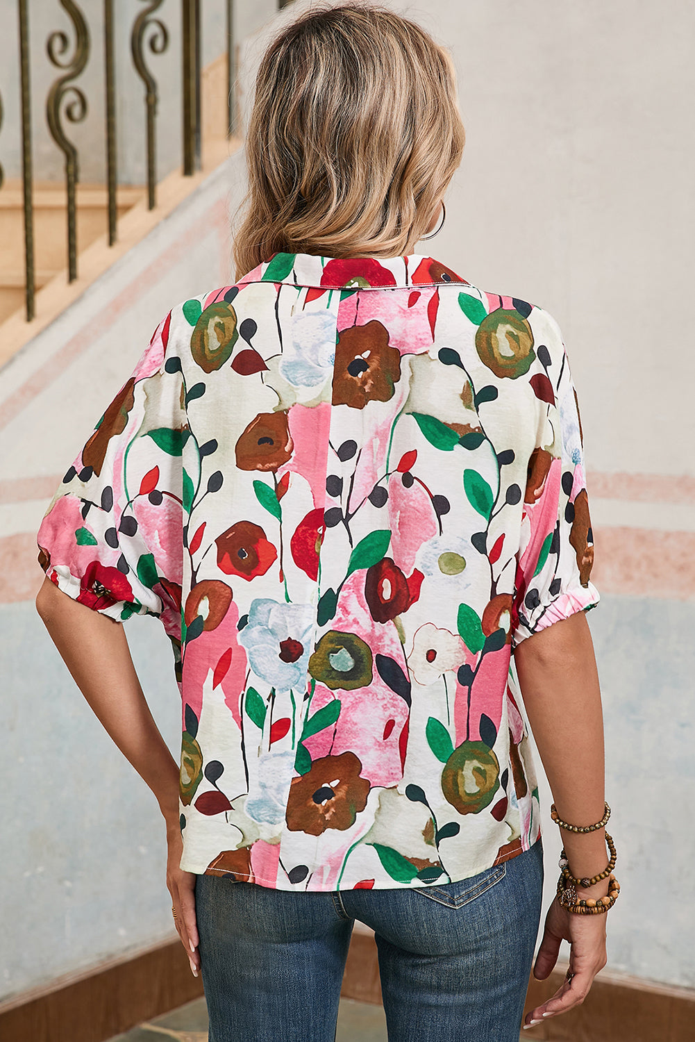 Pink Floral Print Boho Pop of Color Neckline Blouse 784271379145ba28
