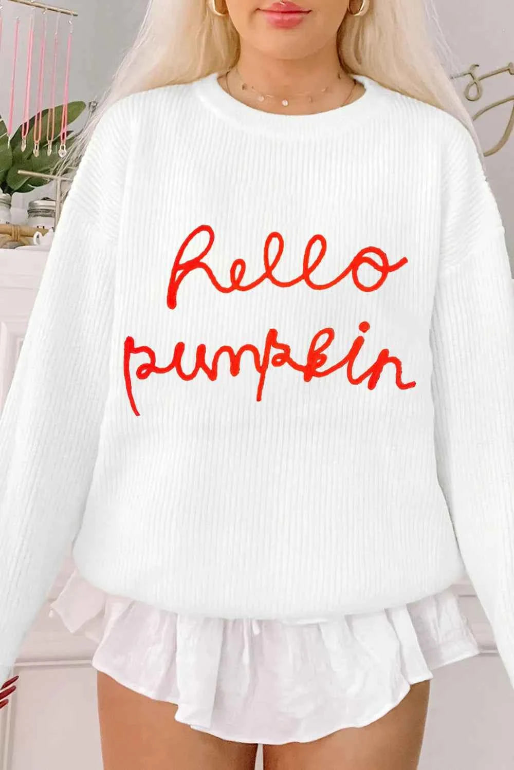 HELLO PUMPKIN Round Neck Long Sleeve Sweater 784abe08-213f-4967-82fd-22ff8e8d49bb-Max