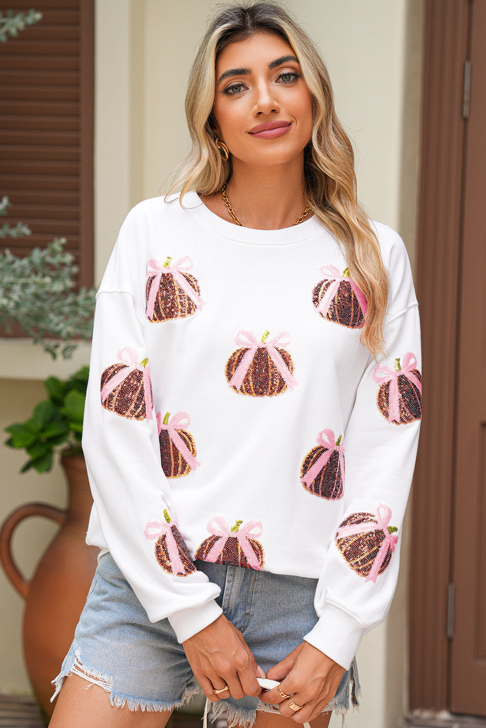 White Sequin Bow Pumpkin Patched Cotton Baggy Sweatshirt 784c72bc366e416f