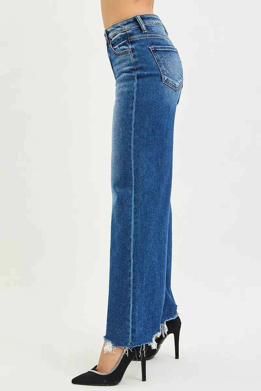 High Rise Wide Leg Jeans with Distressed Hem 784fd55959d5494db621a360135c866e-Max-Origin