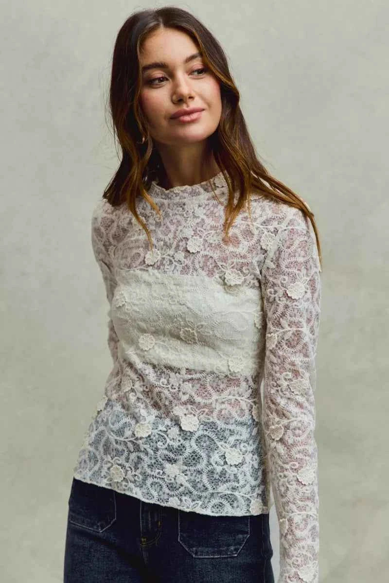 SO ME Lace Long Sleeve 3d Effect Floral Layering Top 7851047989da40c5a4aa853030b706dd-Max-Origin