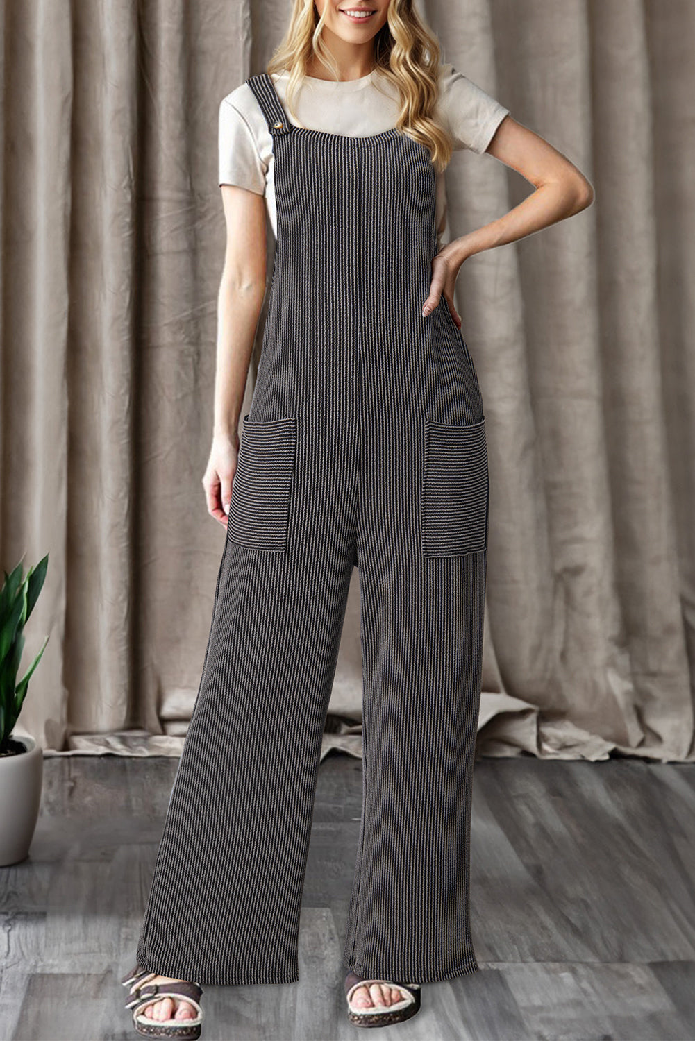 Carbon Grey Ribbed Knit Patched Pocket Wide Leg Overalls Carbon Grey 75%Polyester+20%Viscose+5%Elastane 78617948cf564fb5