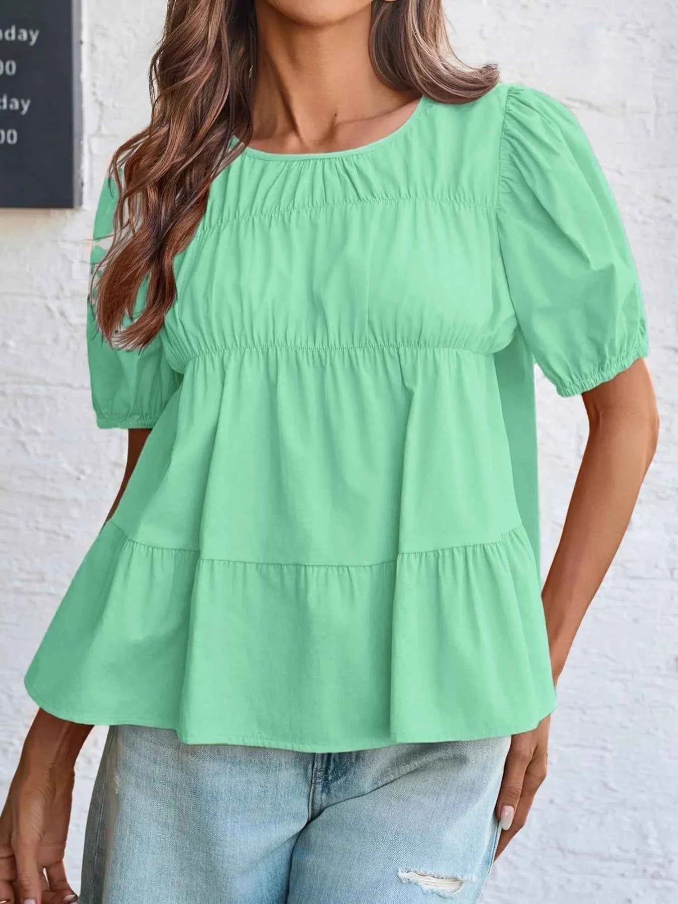 Tiered Round Neck Puff Sleeve Ruched Blouse Green 786384a5-c264-4ff7-8adb-0fd76d0bd74c-Max-Origin