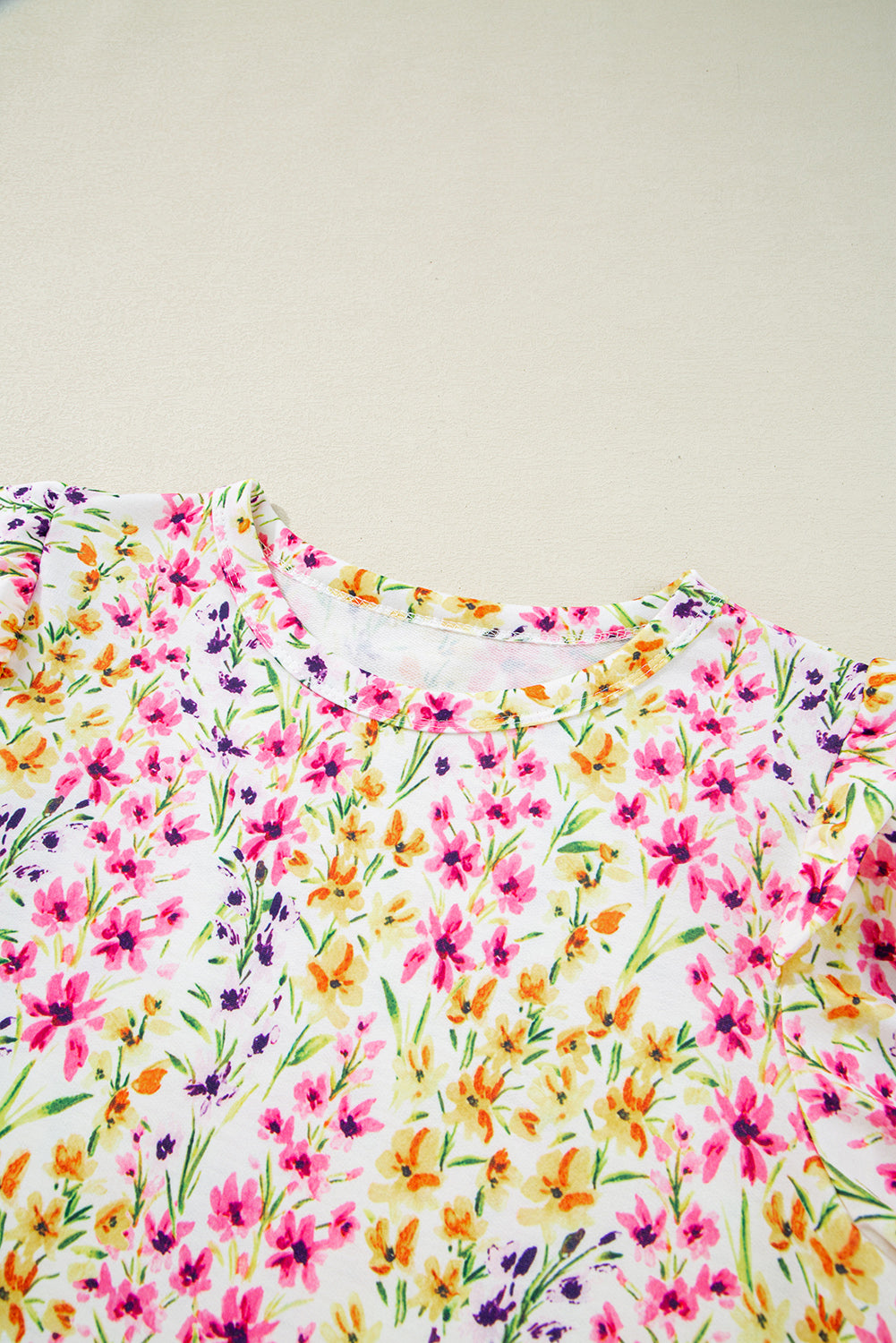 Pink Floral Puff Short Sleeve Crewneck Blouse 78646299a4ae5bf0