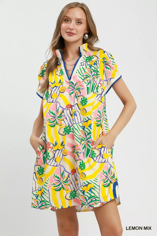 Tropical Print Collared Shift Dress LEMON MIX 78651338-dc2b-4314-b82a-bf3324108e18-Max-Origin
