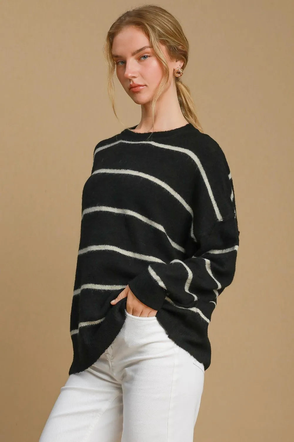 Umgee Wool Blend Striped Round Neck Sweater 786a112c-56c5-4cb3-bc00-66cec2c2fb16-Max