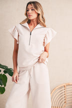 Pink Textured Ruffle Sleeve Zipped Top and Wide Leg Pants Set 786baee255f19f7e