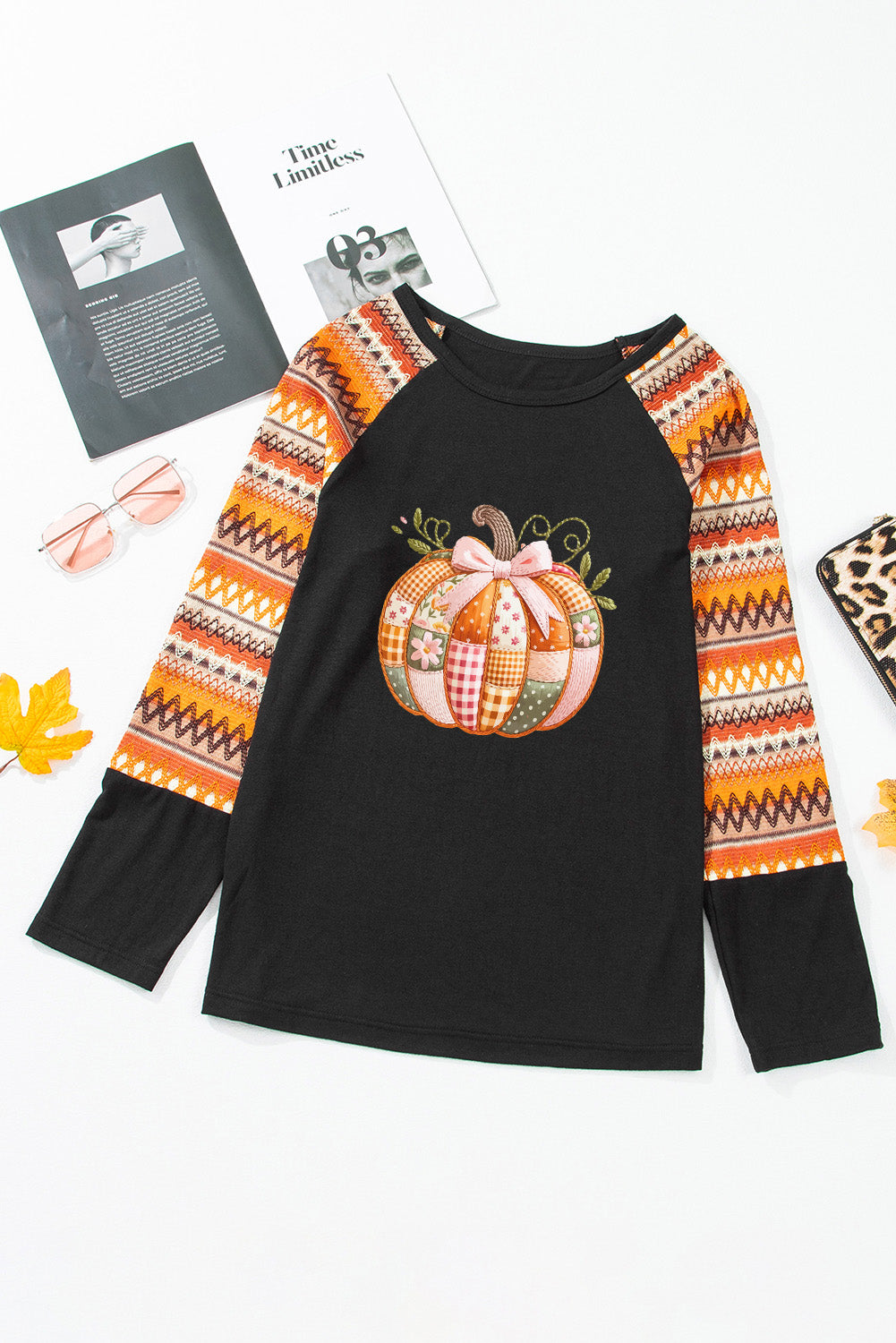Orange Cute Pumpkin Graphic Geo Heat Transfer Printing Raglan Long Sleeve T Shirt Orange 65%Polyester+30%Viscose+5%Elastane 786d222601f79c11