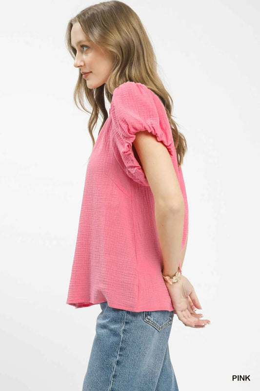 Umgee Textured Gauze Ruffle Neck Boho Top 7870f99a-200d-4ddd-8945-0682495aea99-Max