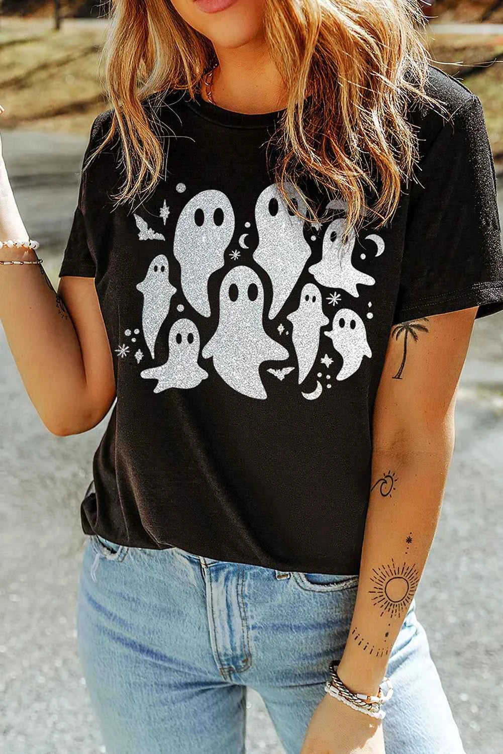 Full Size Ghost Round Neck Short Sleeve T-Shirt Black 78734a15-9a95-476e-8d72-ba9cb85361b8-Max