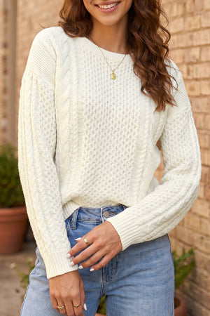 Beige Solid Color Cable Detail Knit Loose Round Neck Sweater Beige 78740ecccd4df1c5