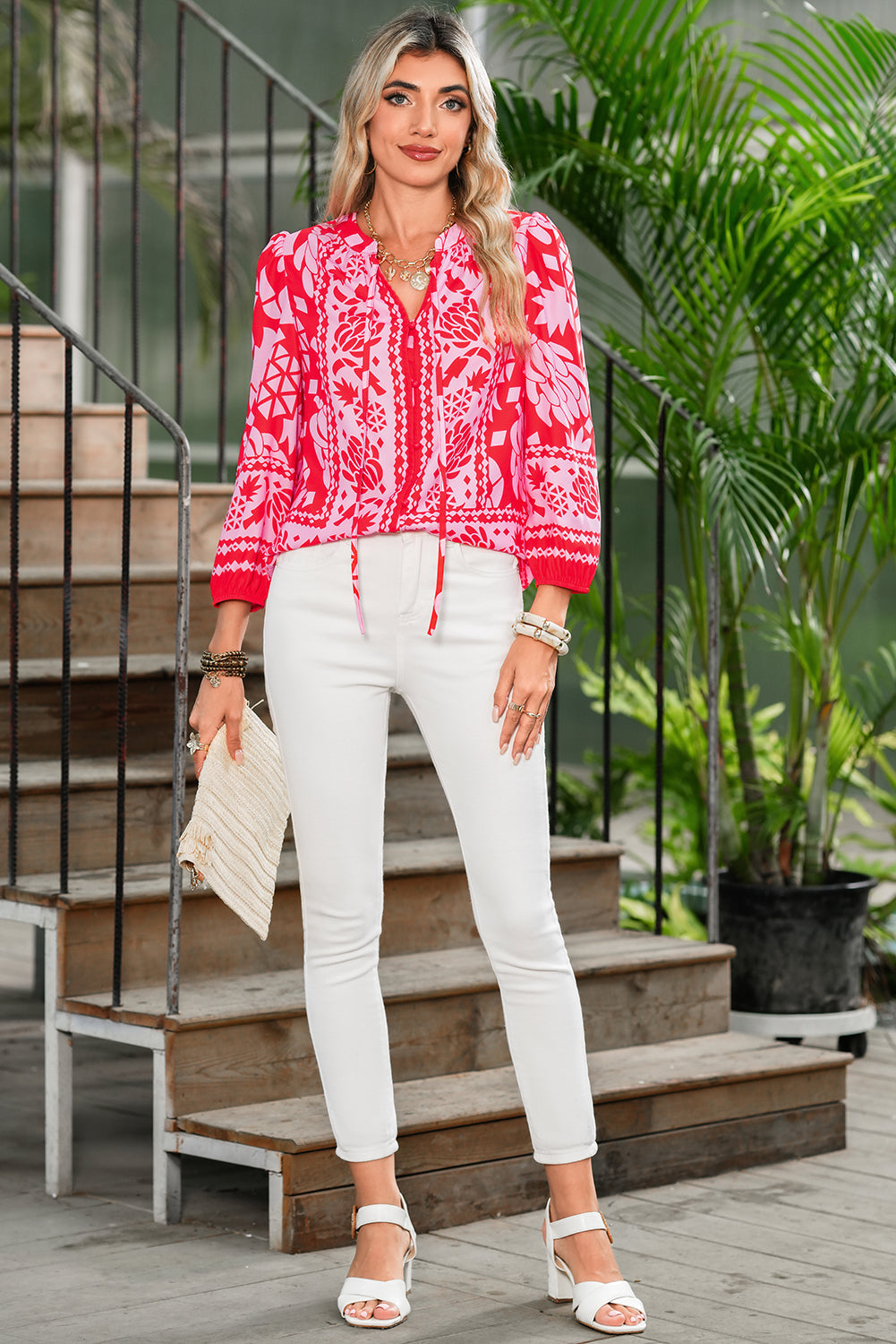 Strawberry Pink Floral Print Tie V Neck Blouse 787c427c1fe90a4d