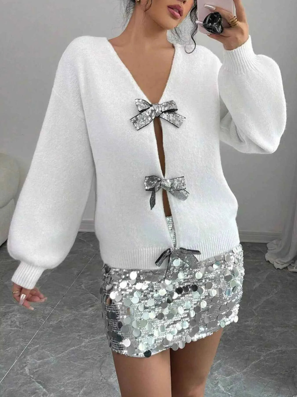Bow-Decor Dropped Shoulder Knit Cardigan White 787e990c-6845-4f8e-9e91-73b81e86ceba-Max-Origin
