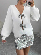 Bow-Decor Dropped Shoulder Knit Cardigan White 787e990c-6845-4f8e-9e91-73b81e86ceba-Max-Origin