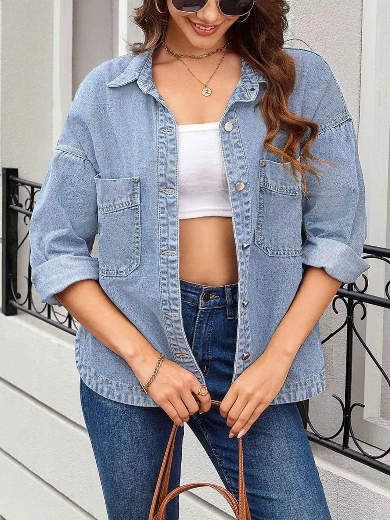 Casual Button Up Loose Fit Denim Jacket Light Blue 7881e7b3-295f-4674-93d9-dc55d82469ec-Max-Origin