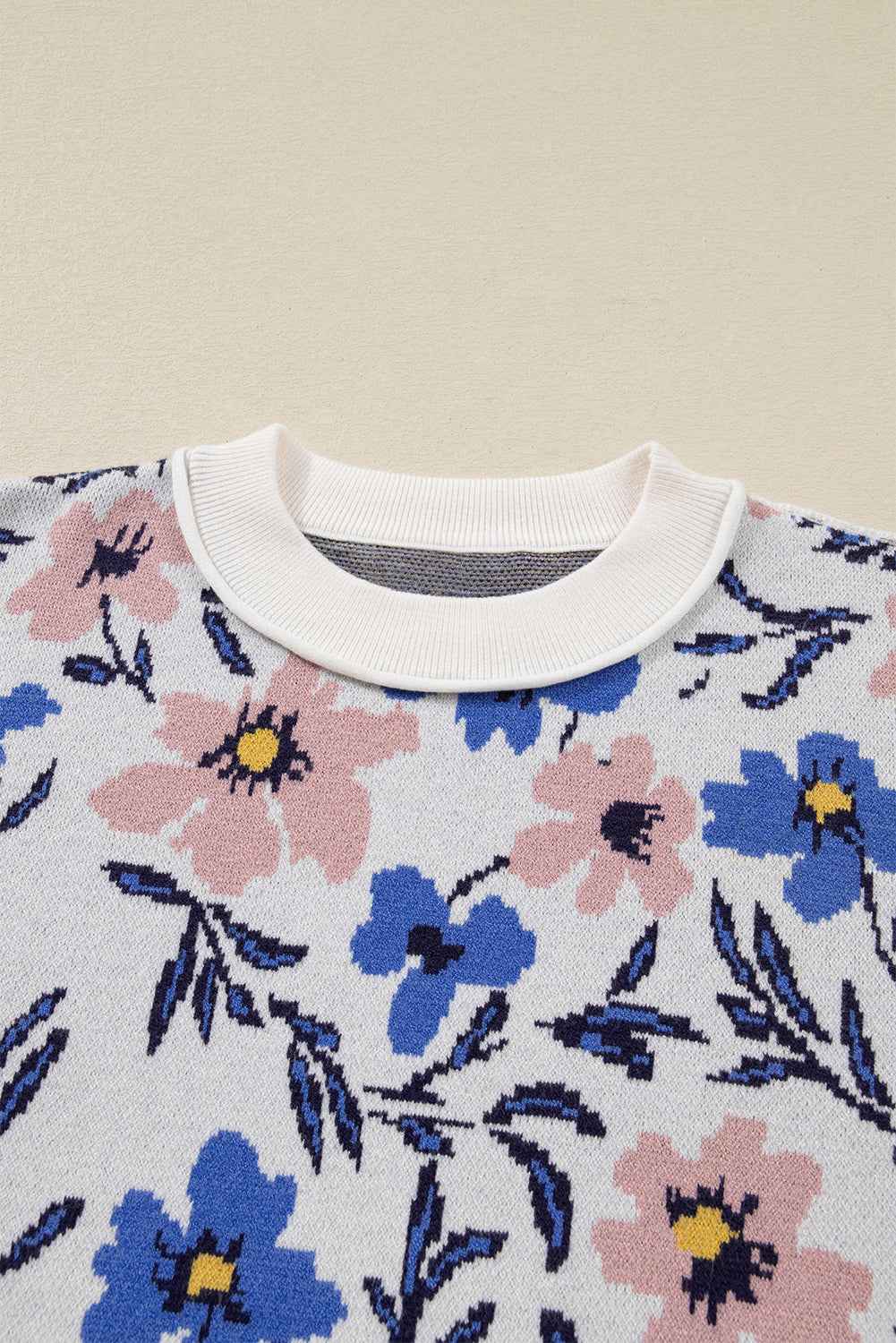 Khaki Vibrant Floral Contrast Colorblock Sleeve Pullover Sweater 788245934bbe83a7
