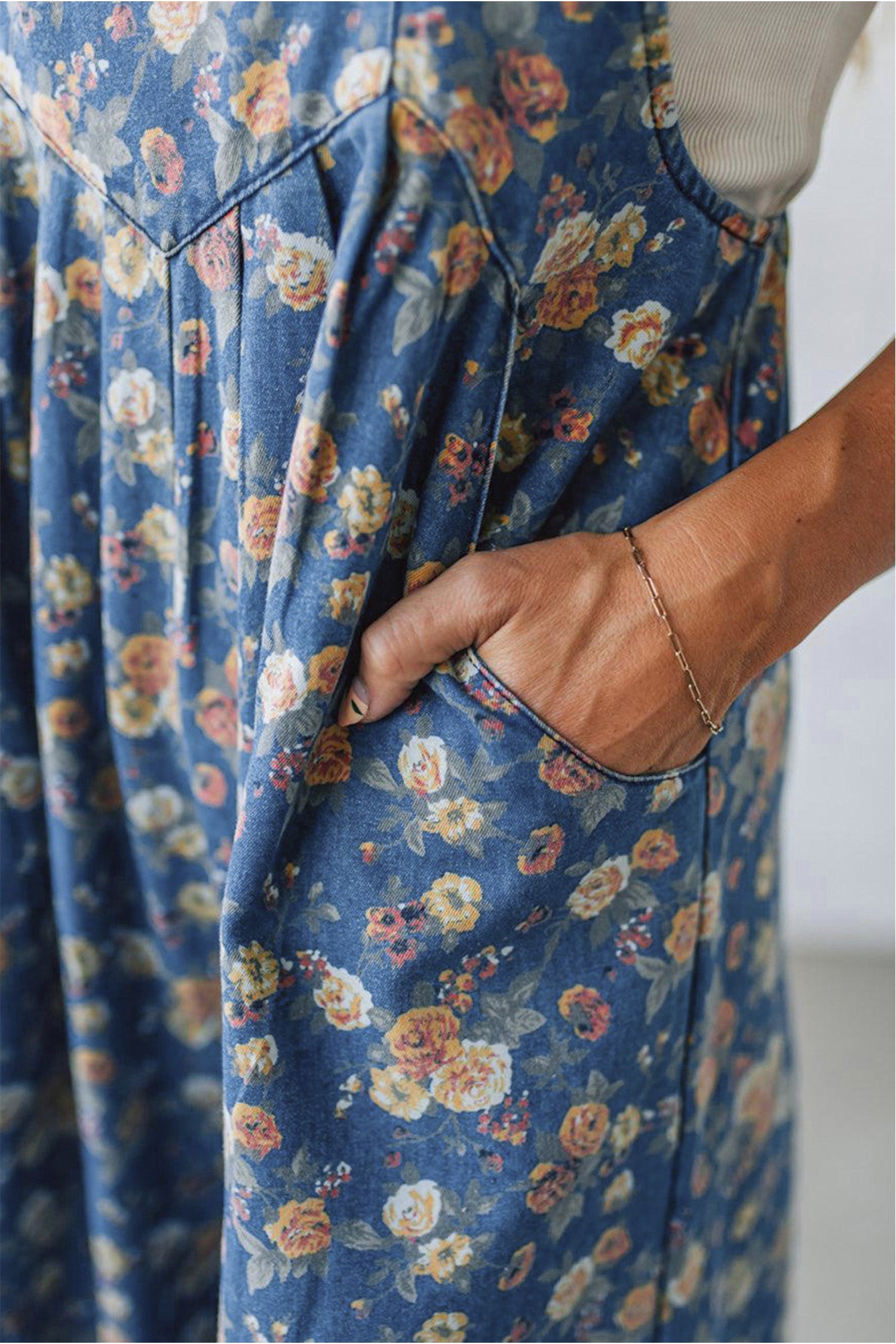 Blue Vintage Rose Printed Pleated Loose Denim Overall Jumpsuit 7882dc38d531f09c