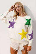 Double Take Sequin Star Round Neck Dropped Shoulder Sweater White 788474d8-6f8f-421a-87b4-e7f82d38a39f-Max