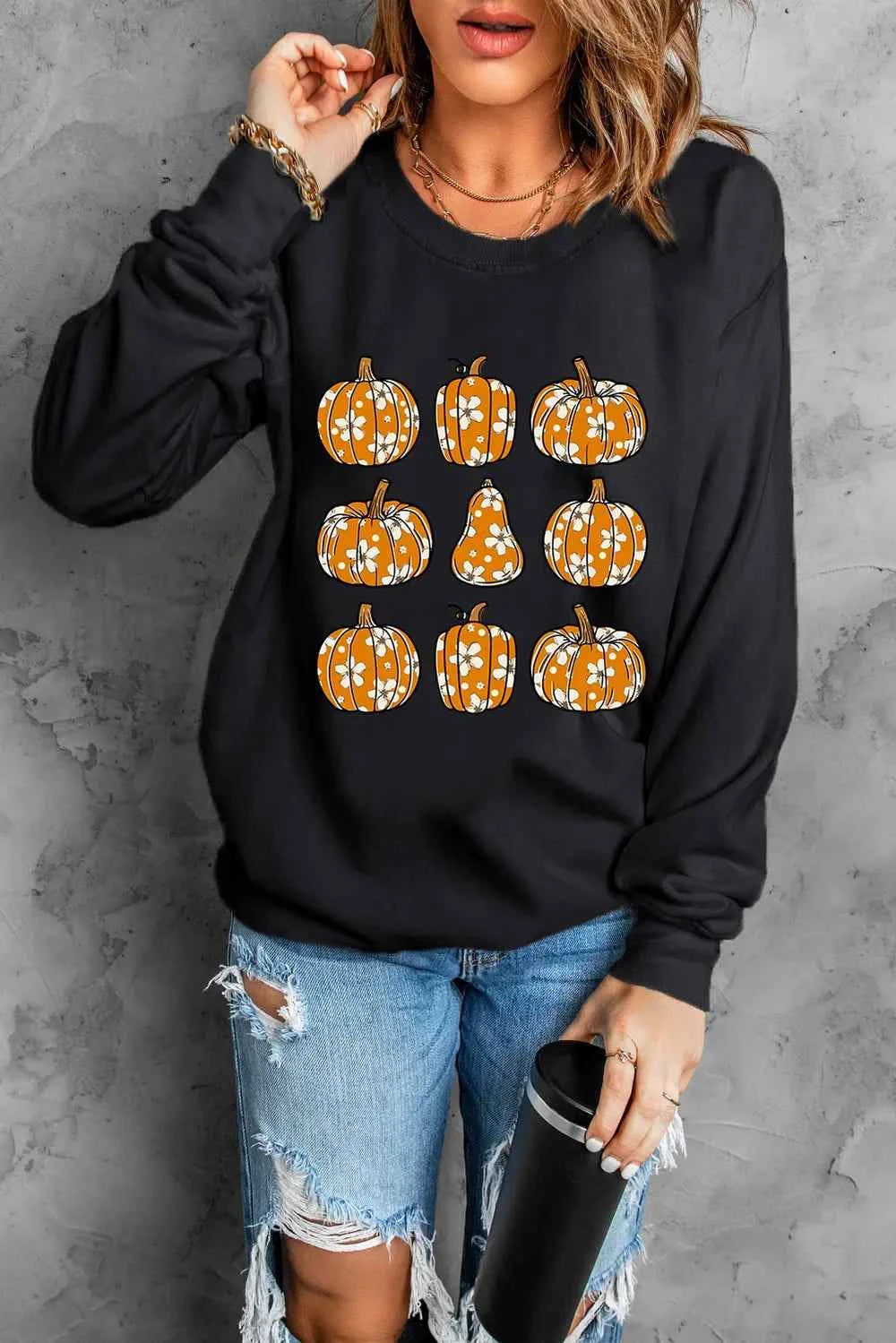 Pumpkin Round Neck Long Sleeve Sweatshirt Black 7890396c-fc37-4a2f-a508-4ae0b9d2b91f-Max