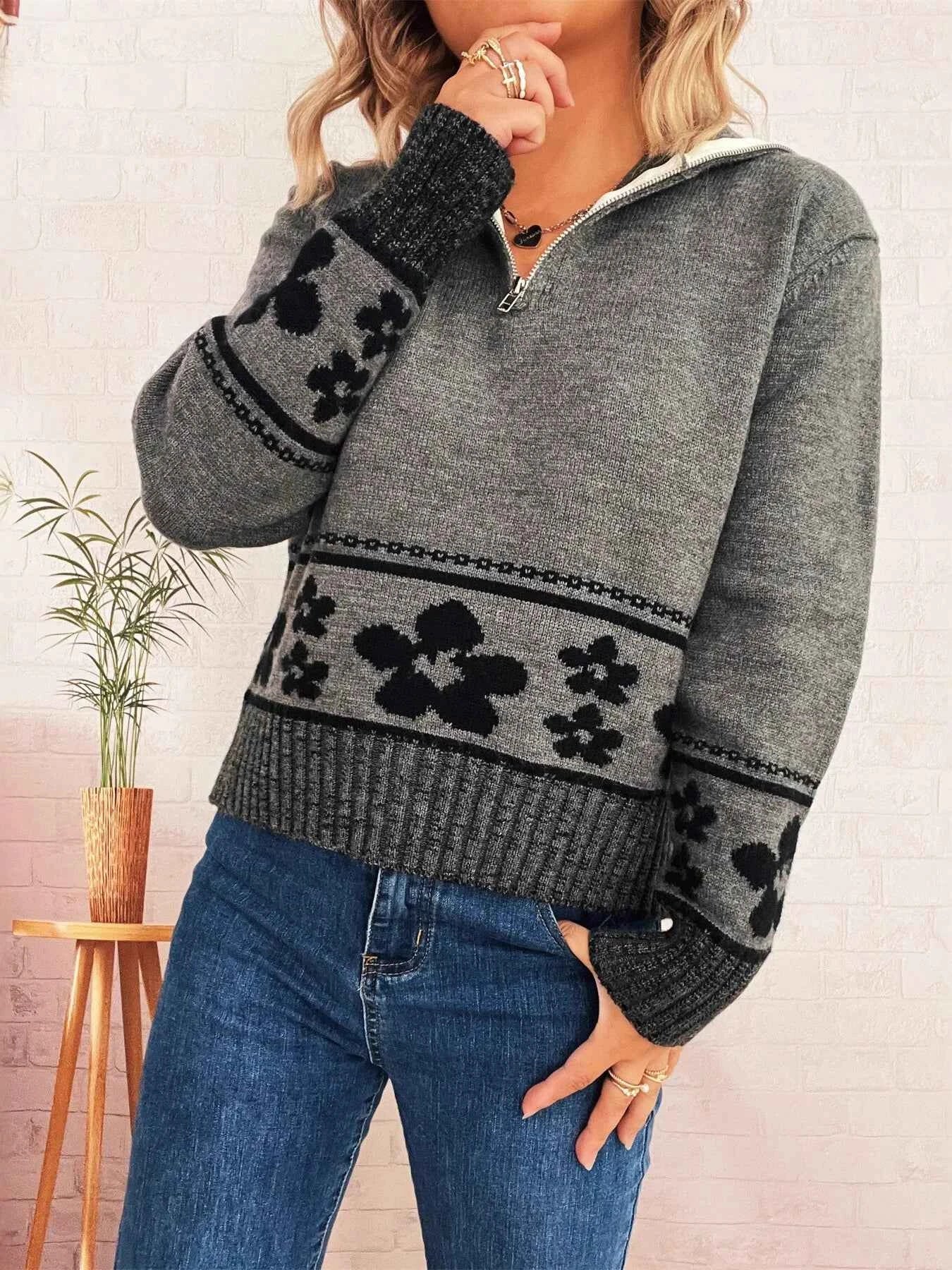 Flower Zip Collar Long Sleeve Sweater 7893bbbaf77b46d59c649a324b382867-Max-Origin