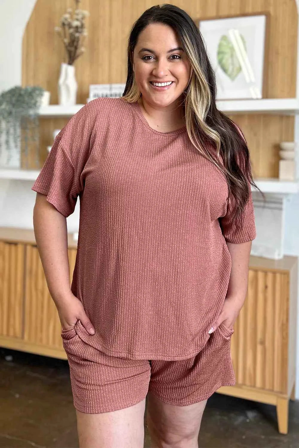 Double Take Full Size Round Neck Short Sleeve T-Shirt and Shorts Set 7894f86b-e052-4130-b13f-70831a9e5de6-Max