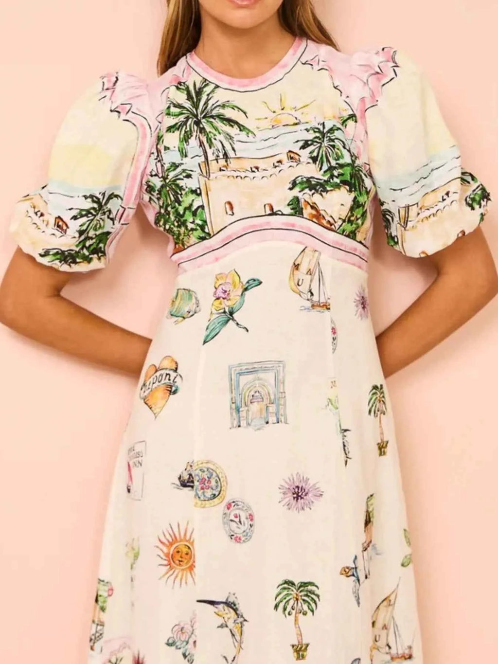 Printed Round Neck Puff Sleeve Midi Dress 78951bc5-4a2a-4ab9-8aad-61d7f2150063-Max-Origin