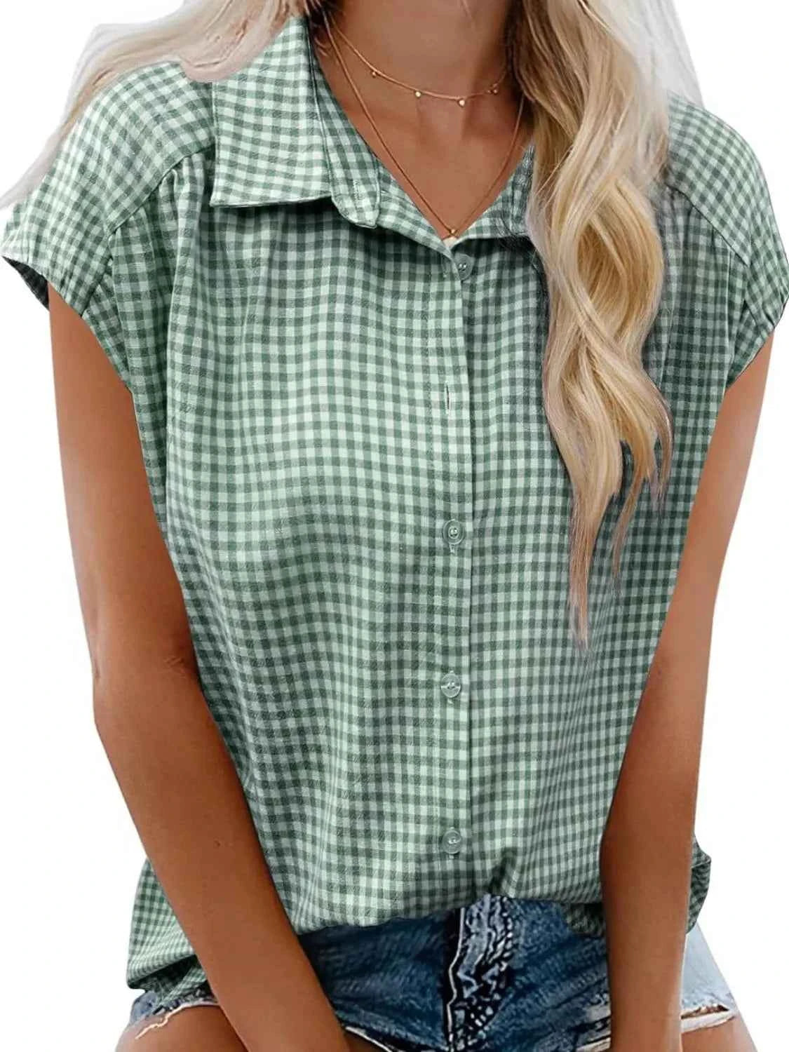 Plaid Button Up Cap Sleeve Shirt Gum Leaf 7895908d-82f9-4ec4-b571-82a5e0c21e9e-Max-Origin